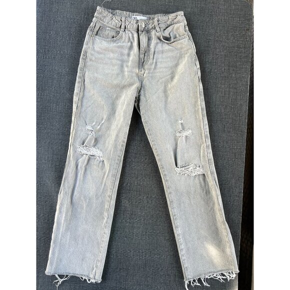 Zara Womens Size 4 Distressed Straight Leg Jeans Grey Denim RN#77302 100% Cotton - Picture 2 of 13